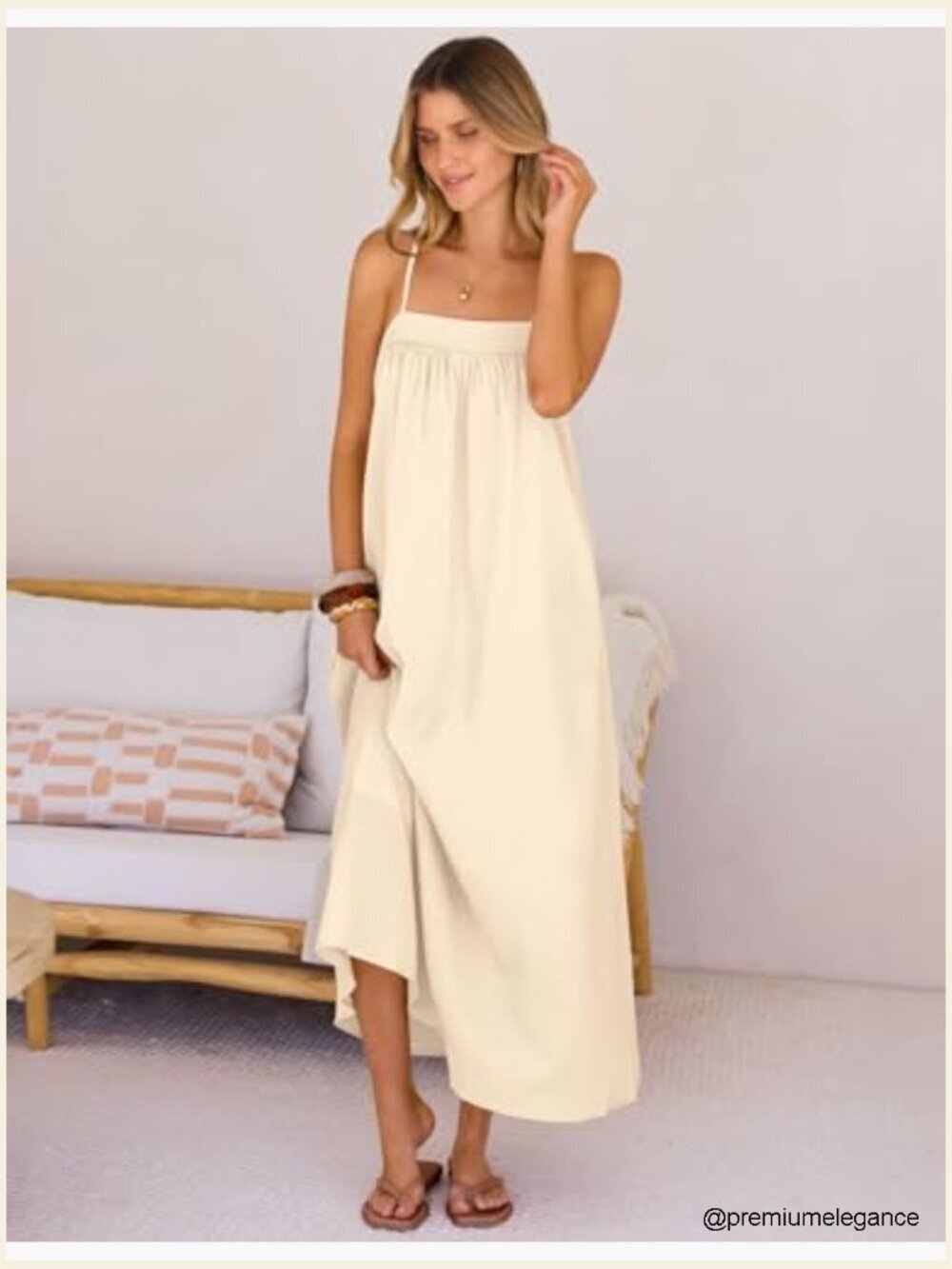 Linen Blend Maxi Sundress with Spaghetti Straps, Side Pockets, Size Small - Picture 4 of 7
